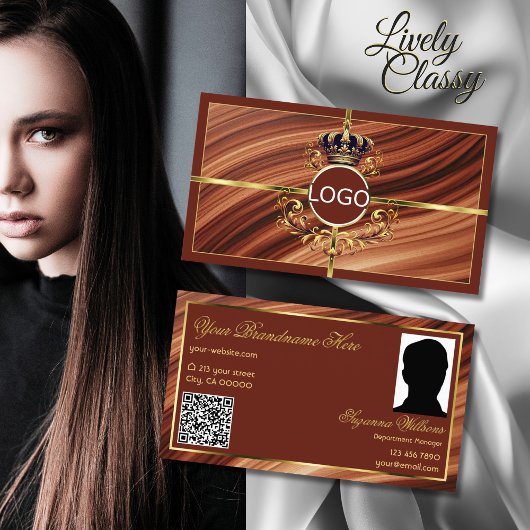 Carte De Visite Logo Classy Royal Brown Gold Crown Photo QR Code