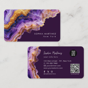 Carte De Visite Logo code QR et marbre doré à l'agate violette mod