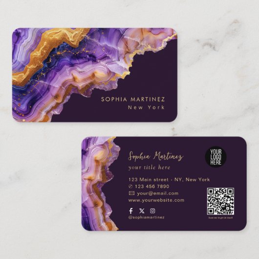 Carte De Visite Logo code QR et marbre doré à l'agate violette mod (Devant / Derrière)