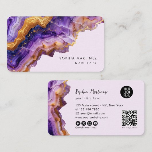 Carte De Visite Logo code QR et marbre doré à l'agate violette mod (Devant / Derrière)
