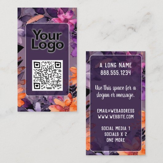 Carte De Visite Logo code QR lis roses orange violet (Devant / Derrière)