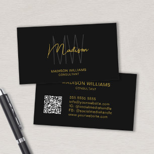 Carte De Visite Logo Code QR Monogramme Moderne Consultant Or Noir