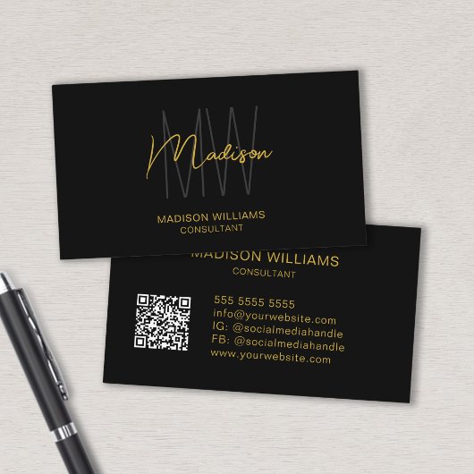 Carte De Visite Logo Code QR Monogramme Moderne Consultant Or Noir