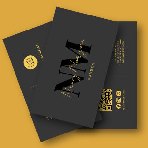Carte De Visite Logo Code QR Monogramme Or Noir Barber