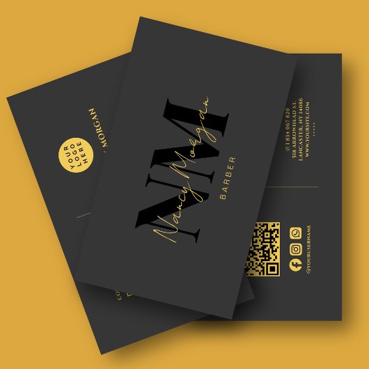 Carte De Visite Logo Code QR Monogramme Or Noir Barber