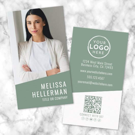 Carte De Visite Logo Code QR Photo Contemporain Vert Vertical