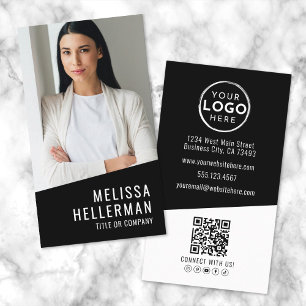 Carte De Visite Logo Code QR Photo Moderne Noir Vertical