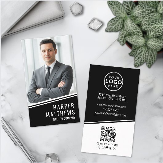 Carte De Visite Logo Code QR Photo Noir Vertical