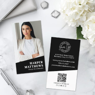 Carte De Visite Logo Code QR Photo Noir Vertical