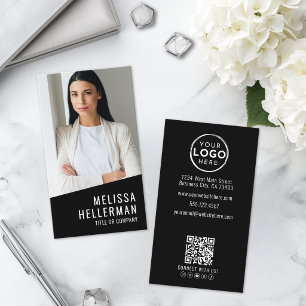 Carte De Visite Logo Code QR Photo Noir Vertical