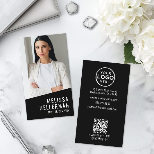 Carte De Visite Logo Code QR Photo Noir Vertical