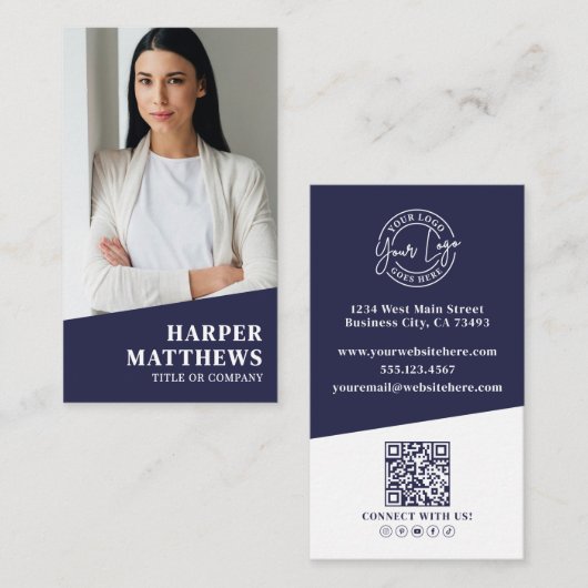 Carte De Visite Logo Code QR Photo Vertical Bleu Marine (Devant / Derrière)