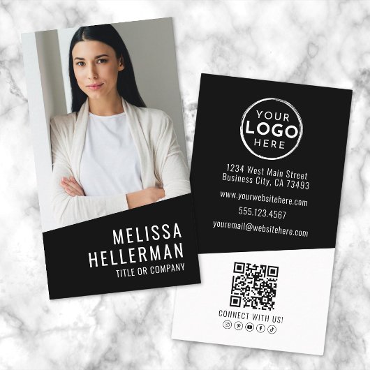 Carte De Visite Logo Code QR Photo Vertical Moderne Noir