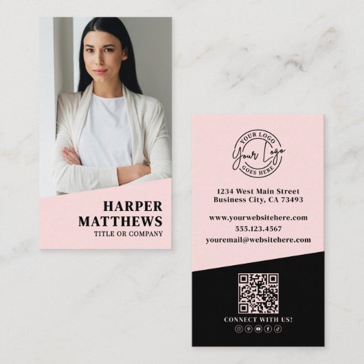 Carte De Visite Logo Code QR Rose Pâle (Devant / Derrière)