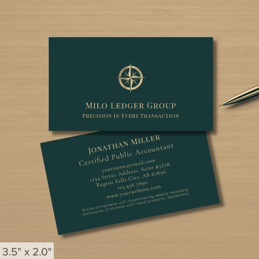 Carte De Visite Logo compas or sur fond vert foncé