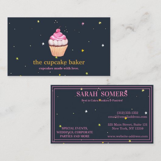 Carte De Visite Logo Cupcake Moderne Boulangerie Chef Cuisine Conf (Devant / Derrière)