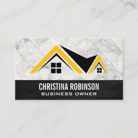 Carte De Visite Logo d'accueil | Carreaux de Marbre blanc | Cuir (Devant)