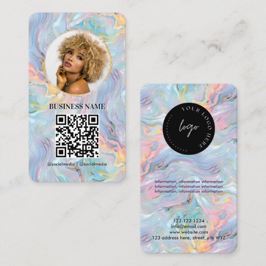 Carte De Visite Logo de code QR à effet marbré holographique girly (Devant / Derrière)