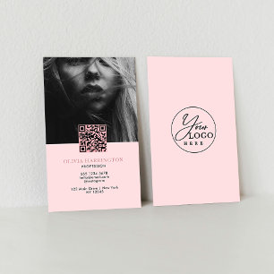 Carte De Visite Logo de code QR de la photo rose pâle minimale