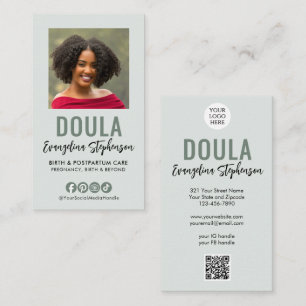 Carte De Visite Logo de code QR de script vert sauge Photo DOULA
