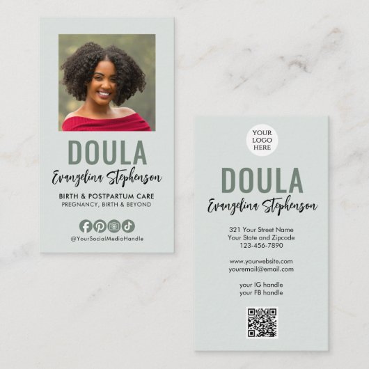 Carte De Visite Logo de code QR de script vert sauge Photo DOULA (Devant / Derrière)