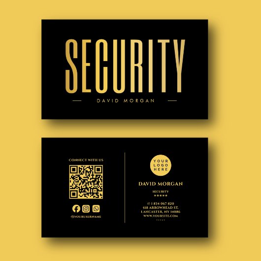 Carte De Visite Logo de code QR de sécurité noir et or