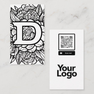 Carte De Visite Logo de code QR floral noir et blanc monogramme D