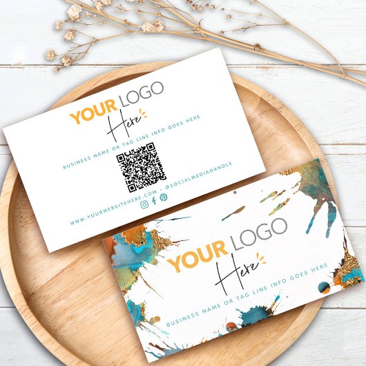 Carte De Visite Logo de code QR Gold Turquoise Aquarelle Splatter