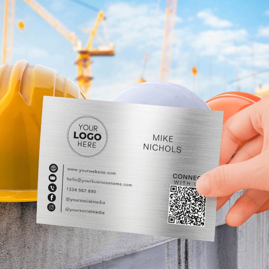 Carte De Visite Logo de code QR métallique argent Connectez-vous a