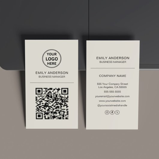 Carte De Visite Logo de code QR personnalisé Beige minimal