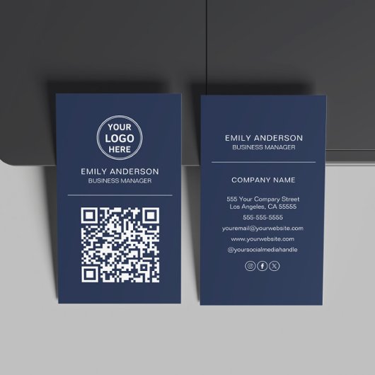 Carte De Visite Logo de code QR personnalisé Minimal Navy Blue