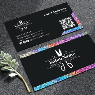 Carte De Visite Logo de coiffeur élégant noir et paillettes arc-en