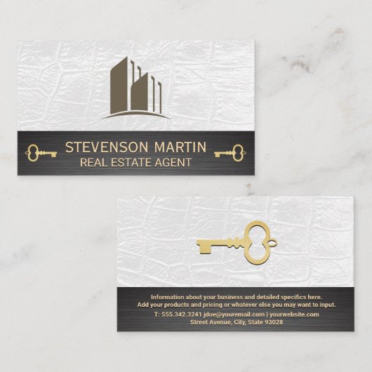 Carte De Visite Logo de construction | Cuir blanc | Clé de squelet (Devant / Derrière)