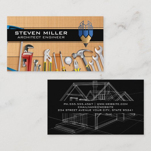 Carte De Visite Logo de construction de crayons | Architecte | Out (Devant / Derrière)