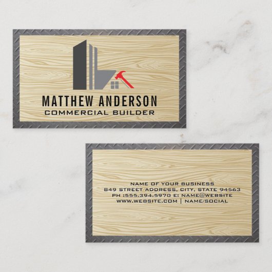 Carte De Visite Logo de construction | Grain de bois | Acier (Devant / Derrière)