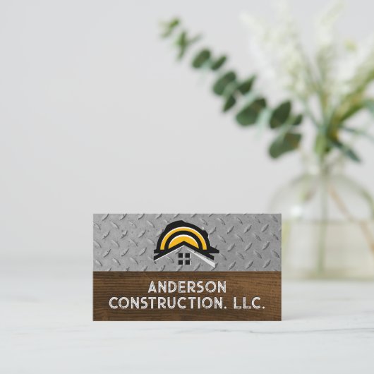 Carte De Visite Logo de construction Hardhat | Bois d'acier (Debout devant)