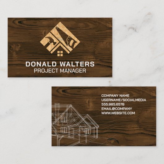 Carte De Visite Logo de construction | Plan directeur | Bois (Devant / Derrière)