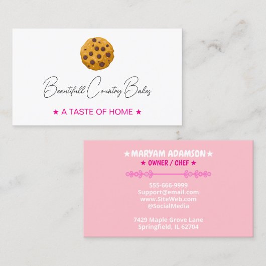 Carte De Visite Logo de cookie éditable | Boulangerie rose blanc (Devant / Derrière)