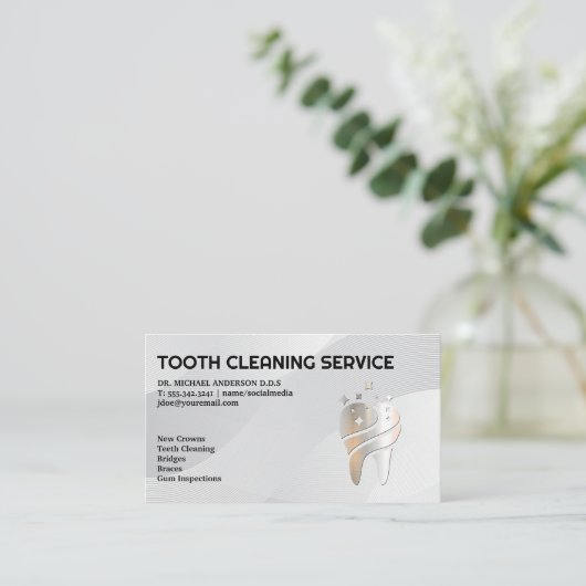 Carte De Visite Logo de dent métallique brillant | Dentistère (Debout devant)