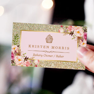 Carte De Visite Logo de la boulangerie Cupcake Floral Pink Gold