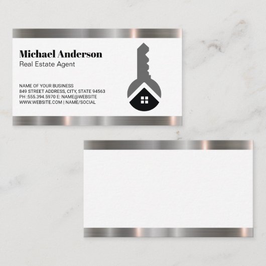 Carte De Visite Logo de la clé immobilière | Découpe métallique (Devant / Derrière)