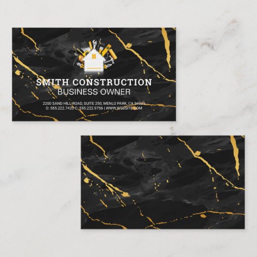 Carte De Visite Logo de la maison de construction | Marbre noir (Devant / Derrière)