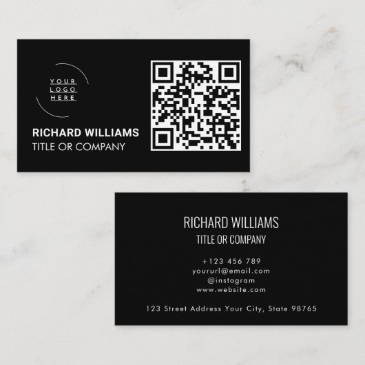 Carte De Visite Logo de l'entreprise avec code QR | Noir Moderne P (Devant / Derrière)