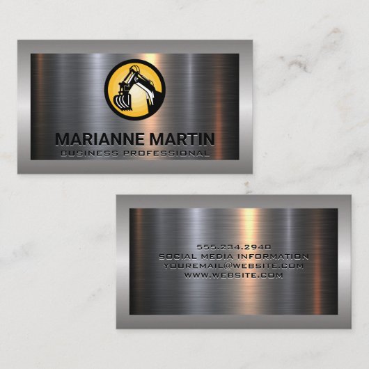 Carte De Visite Logo de l'excavateur | Argent métallique en alumin (Devant / Derrière)