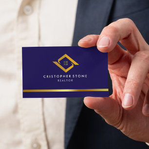 Carte De Visite Logo de maison bleu marine pour agence immobilière