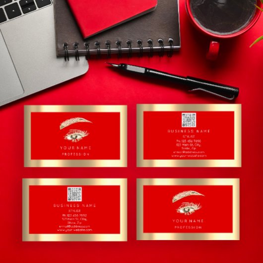 Carte De Visite Logo de maquillage Eyelash Brow Qr Code Rouge Or e