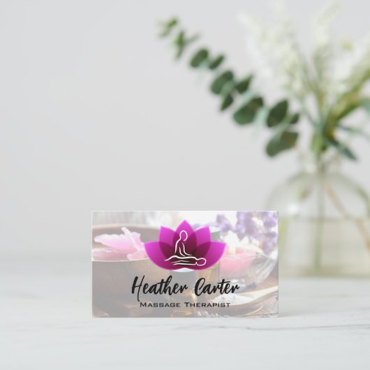 Carte De Visite Logo de massage Lotus Flower | Sels d'huiles spas (Debout devant)