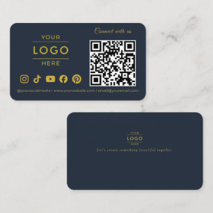Carte De Visite Logo de médias sociaux à code QR or bleu marine de