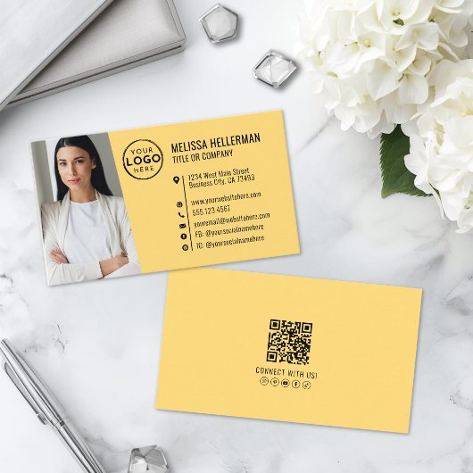 Carte De Visite Logo de photo de code QR jaune professionnel
