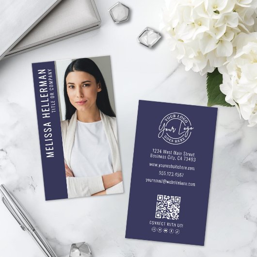 Carte De Visite Logo de photo de code QR professionnel bleu marine